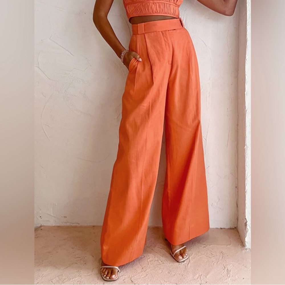 Commense Pleated Orange Wide-Leg Linen Pants